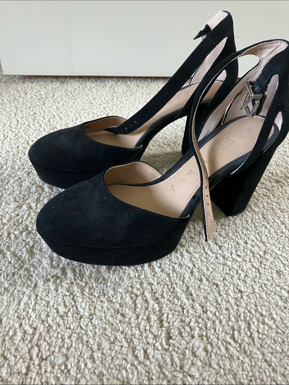 Copper Key Black Suede Platform Block Heel with Ankle Strap